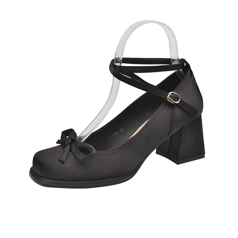 Fashion Women's Square Head Shallow Mouth Single Shoes Autumn New Butterfly Knot Anti-slip Wear-resistant Low-top High Heels