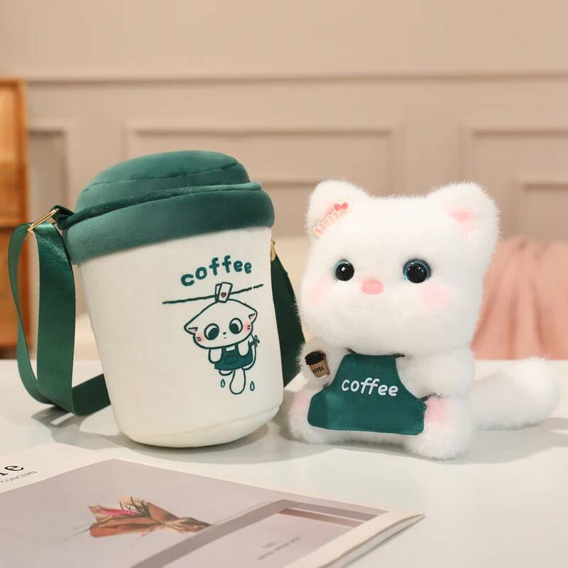 20cm Coffee Cup Cat Series Plush Backpack White Cat Calico Cat Plush Toy Crossbody Bag Girlish Heart Doll Girl's Gift