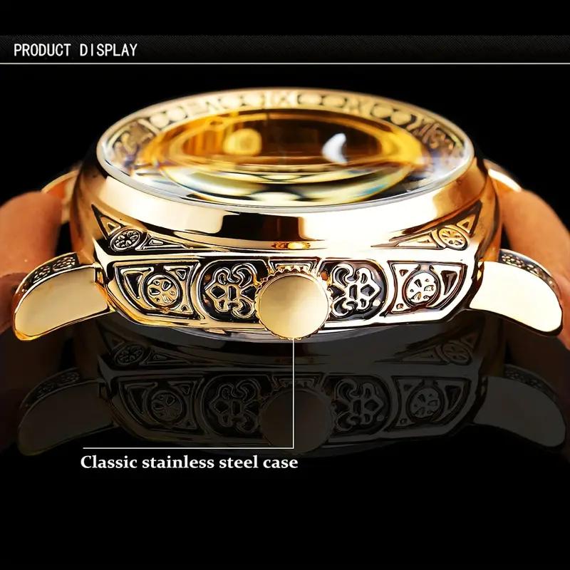 Forsining Men's Engraved Automatic Mechanical Watches, Retro Case Waterproof Hollow Luminous Pointers Casual Automatic Mechanical Wristwatch