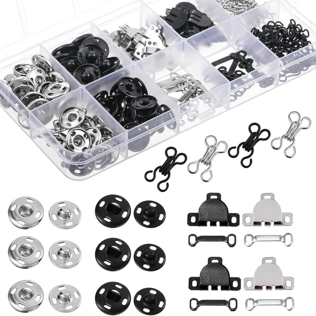 50-delige Naai- en Reparatieset met Metalen Doos: Drukknopen, Riem- & Rokgespen