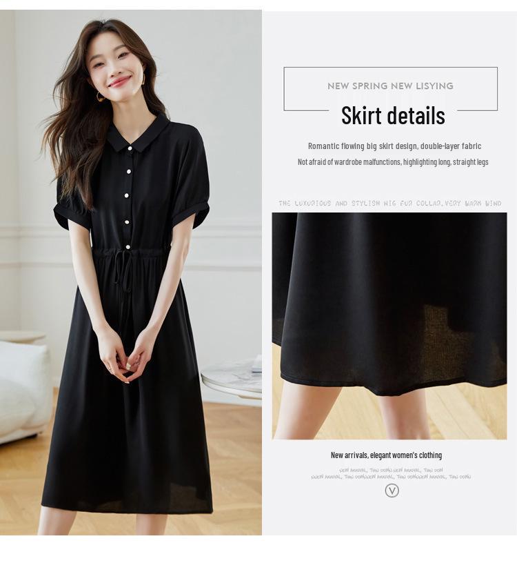 Hepburn-Style Black Chiffon Shirt Dress - Slimming Waist, Elegant Long Skirt for Women