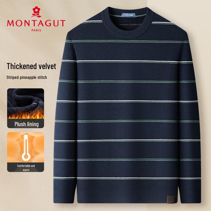 MONTAGUT Men's Fleece Lined Striped Crew Neck Thermal Sweater