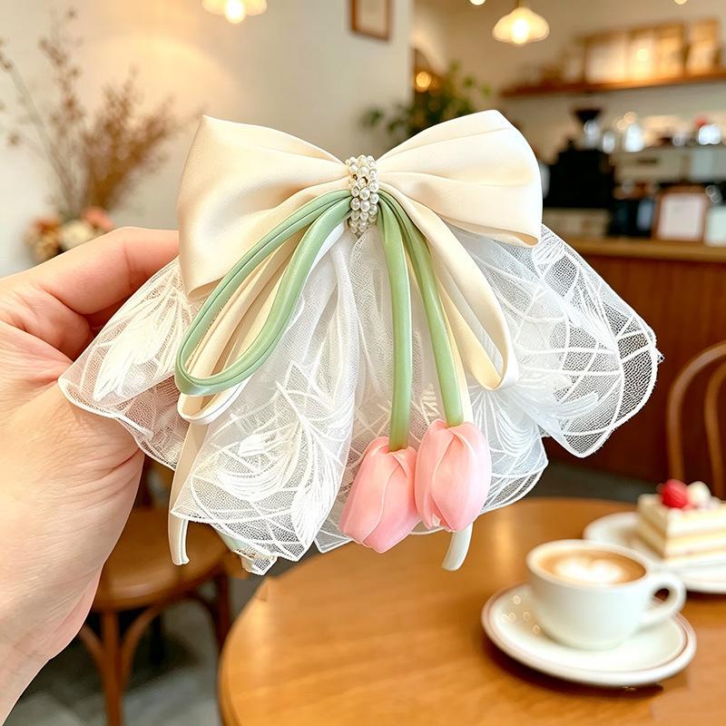 Handmade Chiffon Floral Bow Ponytail Clip for Voluminous Hair