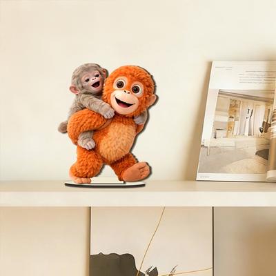 Monkey Table Sign 2D Baby Monkey Holding Plush Toy Wooden Desktop Ornaments
