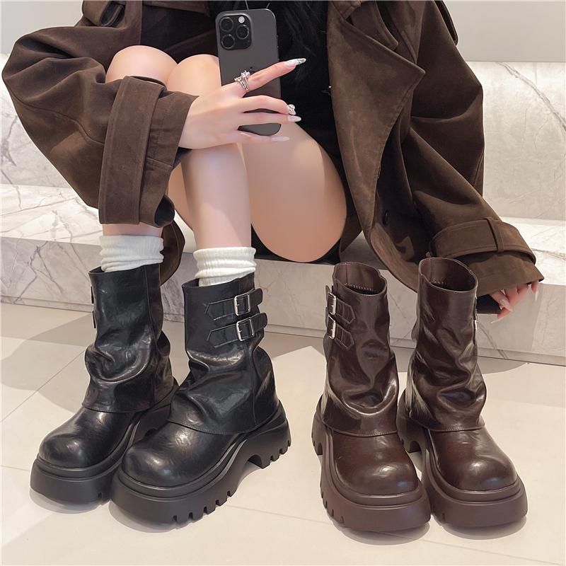 Fashion Shoes for Women New Mid-Calf Boots 10CM High Platform Modern Boots Belt Buckle Punk Shoes Female Leather Motorcycle Boots