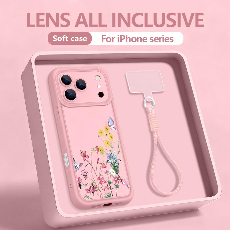 Wrist Strap Lanyard Phone Case For iPhone 17 Pro Max Air 16E 16 14 15 Pro 12 13 Pro Max 11 Cartoon Flower Printed Soft TPU Cover