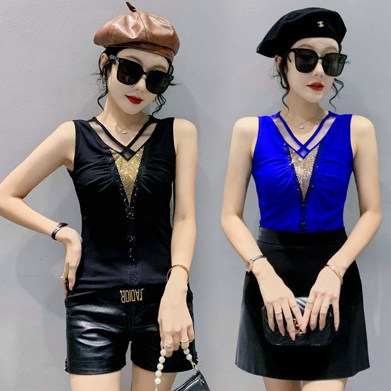 Temperament V-neck Tank Top Women's Fashionable Hot Diamond Mesh Sleeveless T-shirt Women's Western-style Base Top