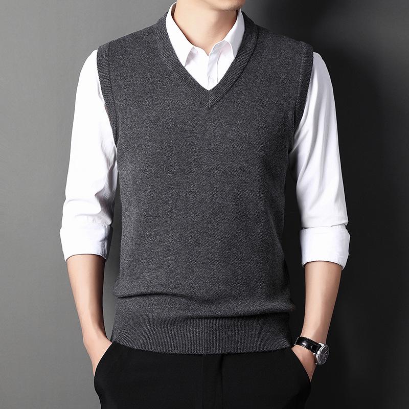 Men's V-Neck Knitted Vest: Thick Sleeveless Sweater for Autumn/Winter - Solid Color, Middle-Aged Business Style