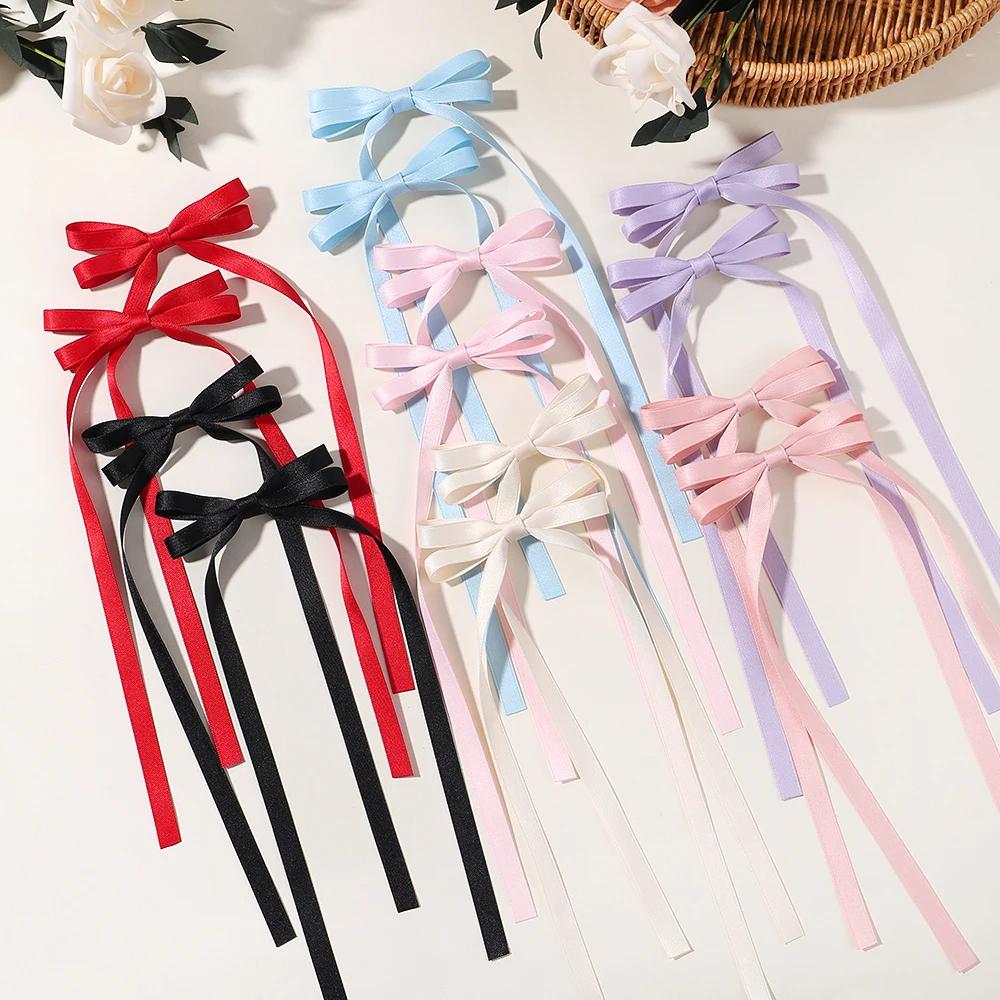 2pcs Long Tassel Ribbon Hairpin Cute Candy Bow Clip for Women Girls Party Gifts Headwear Side Clips Hair Accessories