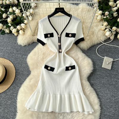 Summer Women Elegant V-neck Short Sleeve Knitted Sweater Mini Dresses