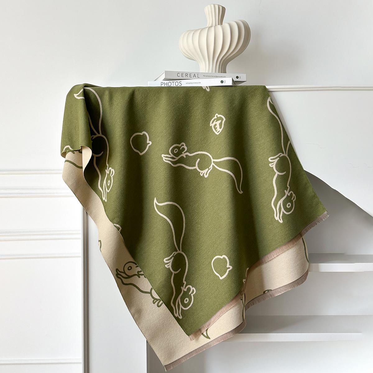 

Мягкий и теплый шарф с бахромой из искусственного кашемира с принтом орехов и белок, высококачественный женский шарф-шаль 185x65cm зелёный