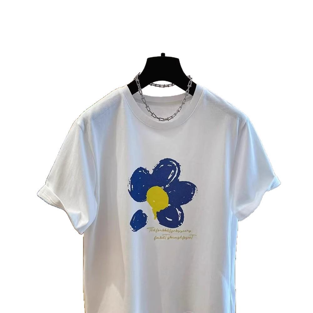 Korean Retro Floral Print Cotton Round Neck Women's Loose T-Shirt