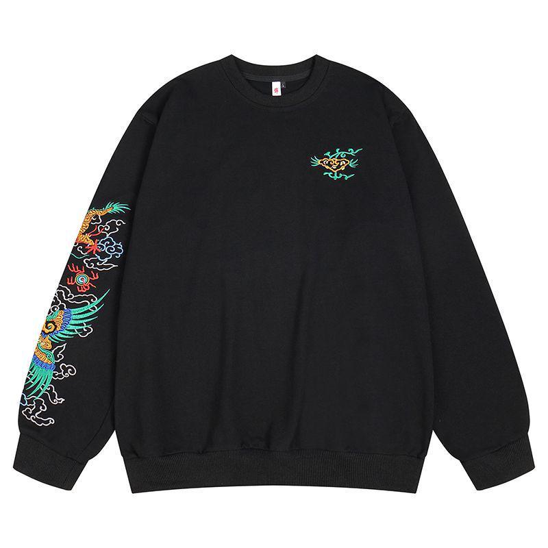 Unisex Guochao Hoodie: Chinese Style Embroidered Dragon & Phoenix Symbolism, Original Tattoo Design, Cotton Round Neck Top L (recommended for 115-125 lbs)
