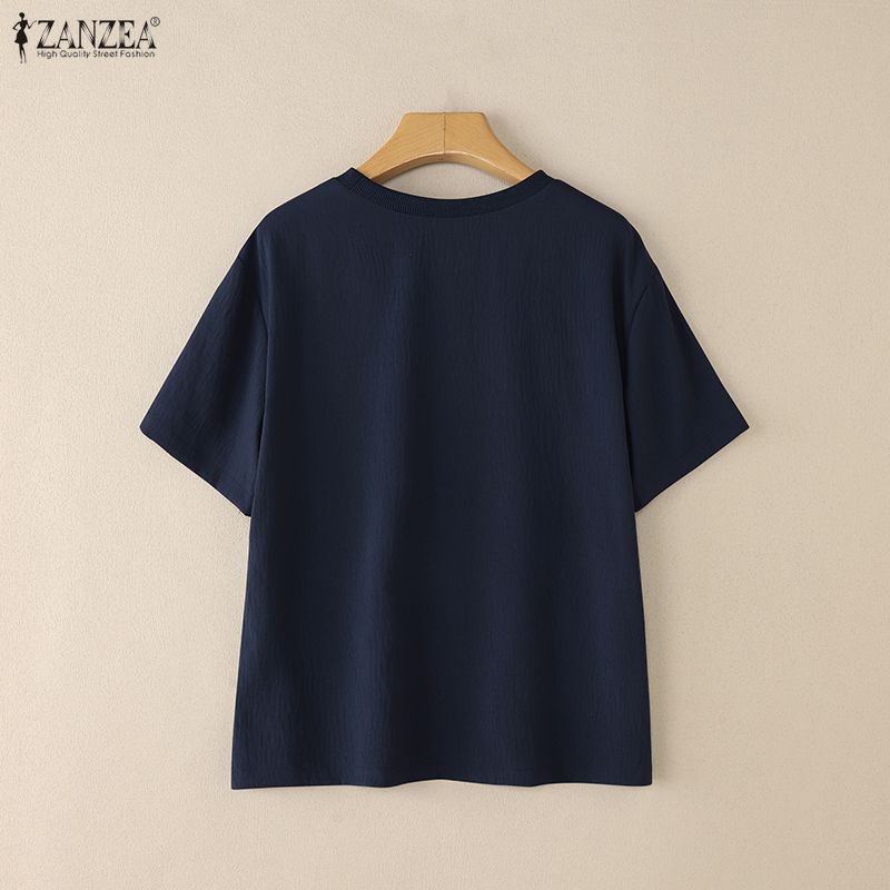ZANZEA Women Casual Round Neck Summer Print Loose Short Sleeve Blouse