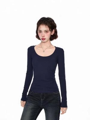 Women's Dark Blue U-Neck Slim-Fit Long-Sleeve Top, Ideal for Spring & Autumn Layers