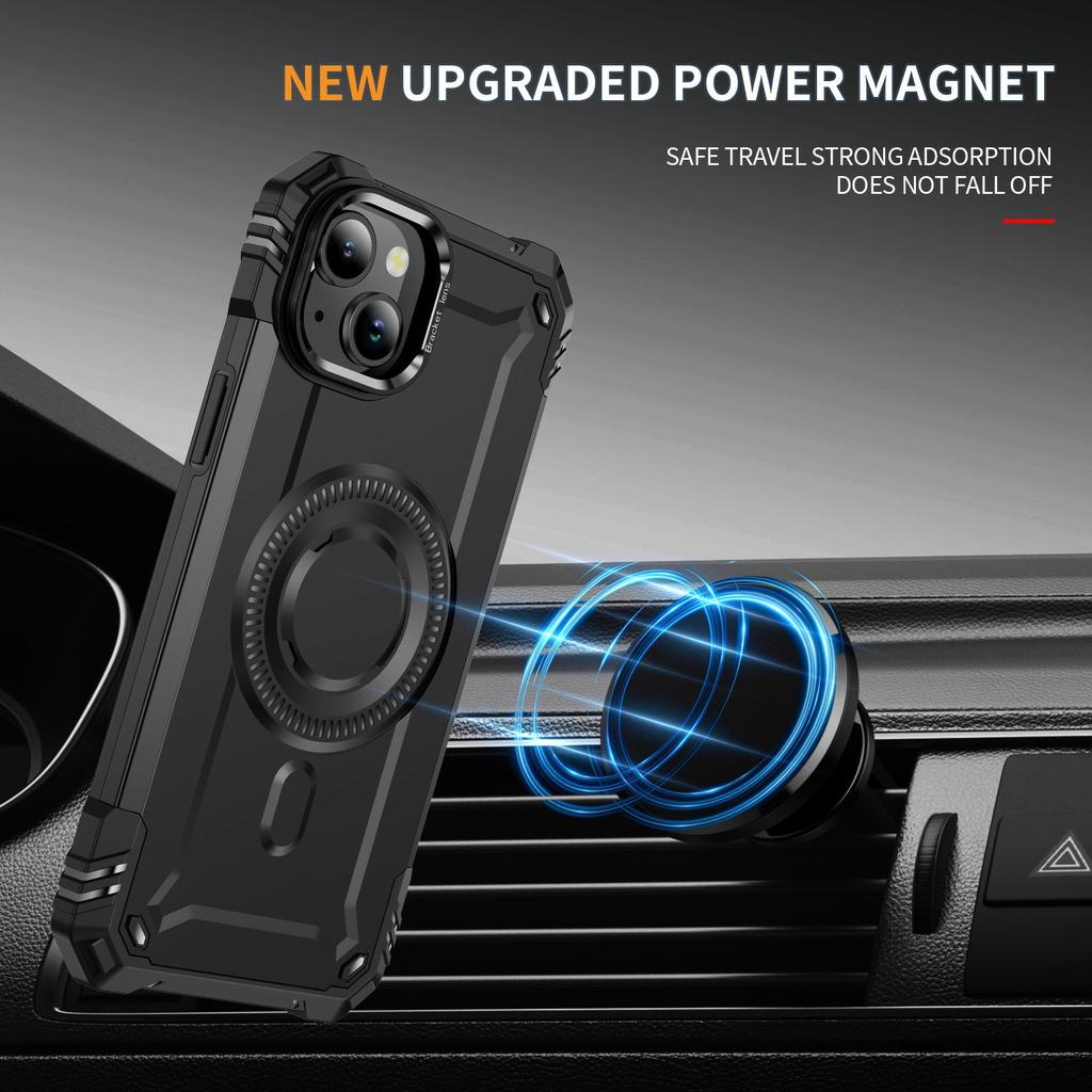 For iPhone 15 Magnetic Case Lens Kickstand PC+TPU Shockproof Phone Cover