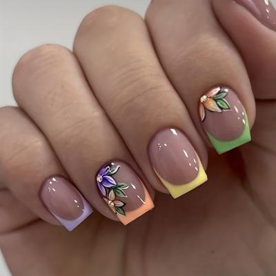 24-PCS Short Square Press Nails  Vivid French Tip Design Colorful Flowers Embellished Glossy Surface Full Cover Fake Nails  Accessories Floral Nail