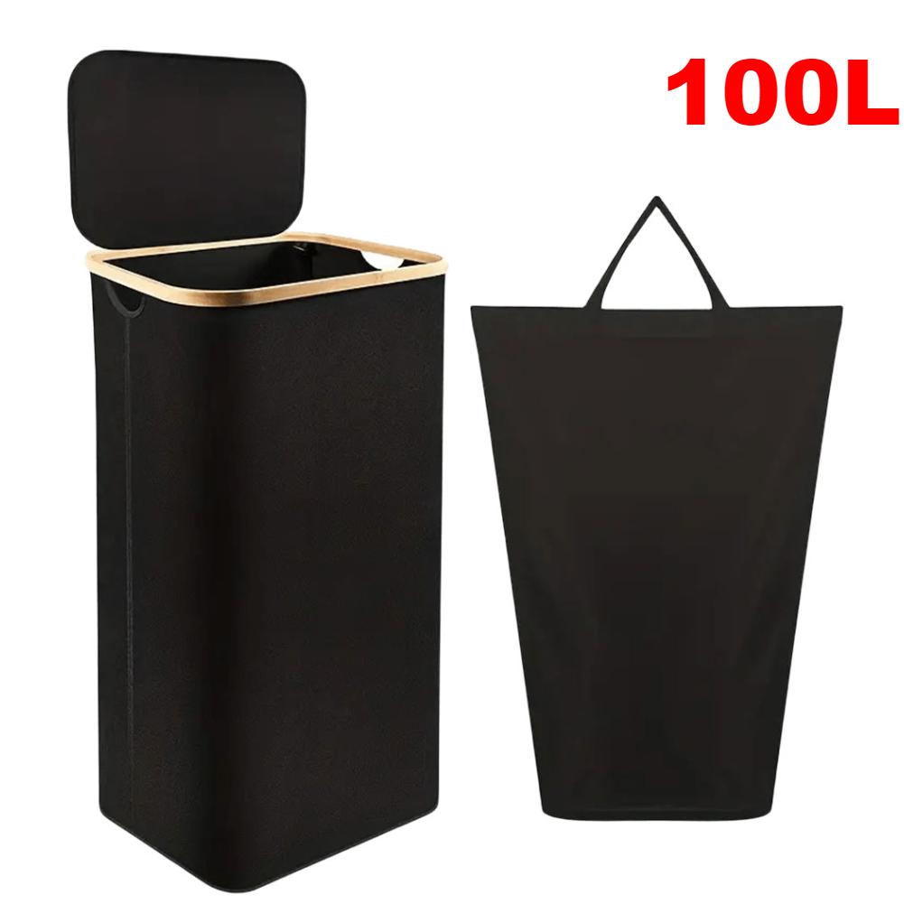 100L Dirty Clothes Bag Box Foldable Laundry Hamper Basket with Bamboo Handle&Lid with Removable Liner Bag for Laundry Room Dorm