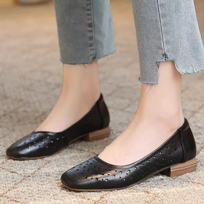 Damen Leder Ausgeschnitten Niedriger Absatz Schuhe Sommer Neu Quadratische Zehenpartie Flach zum Hineinschlüpfen Höhlen Schuhe Atmungsaktiv Leicht Commuter Schuh