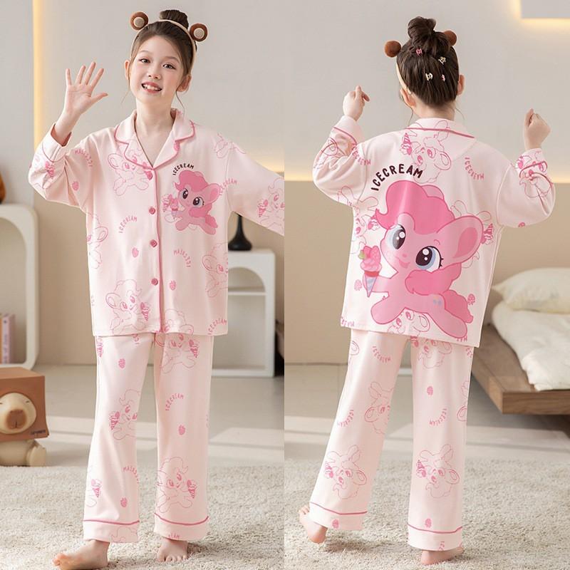 Girls Cotton Pajama Set With Collar Long Sleeve Cartoon Print Fall Kids Sleepwear Comfortable Home Outfit