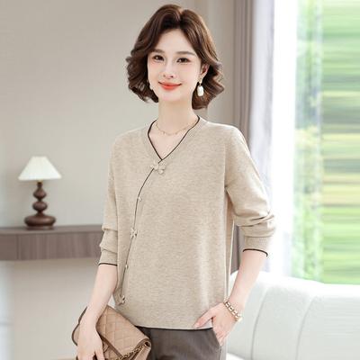 Middle-aged and Elderly Women Fall Short-sleeved Top-grade Ice Silk Thin Chinese Style Mother's New Spring T-shirt
