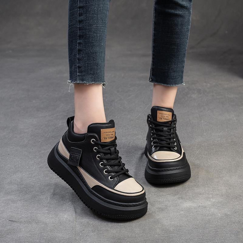 Spring and Autumn New Leather Thick-Soled Casual Women's Shoes