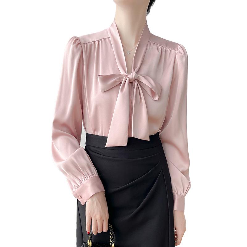 High-Grade Satin Bow Ribbon Shirt - Spring 2025 Women's Slim Professional Top