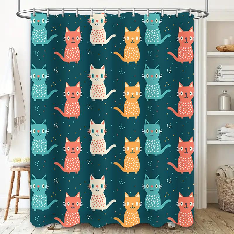 Colorful Cat Shower Curtain Modern Bathroom Decor For Kids Room Polyester Fabric Waterproof Liner With Hooks 72 X 84 Inches