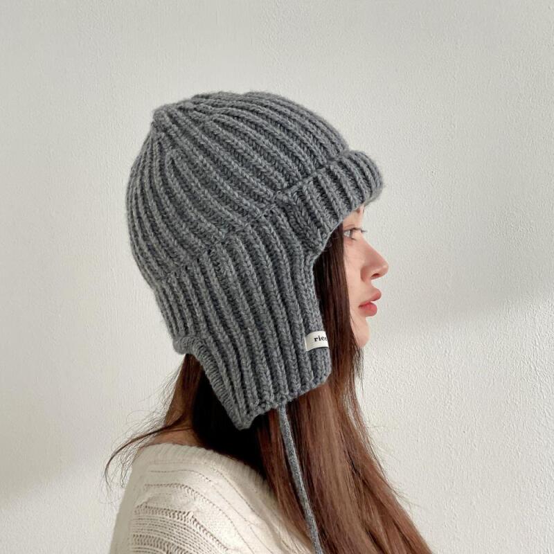 Women s Hachinit Patch 2WAY Earflap Beanie C8695_Navy
