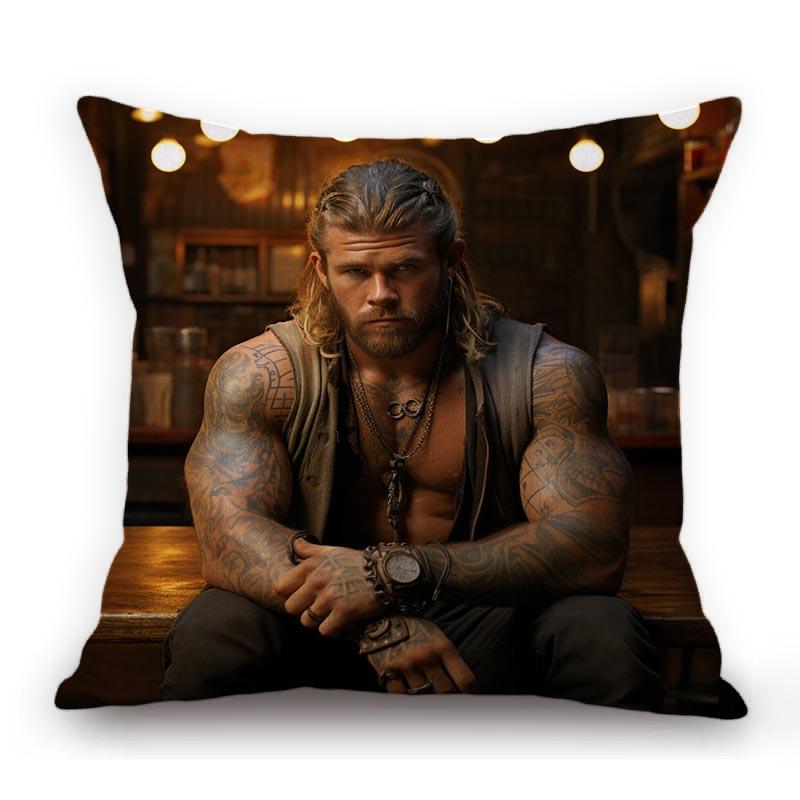 Handsome Sexy Muscle Man Motorcycle Chopper Bike Poster Art Home Decorative Sofa Pillow Case Cotton Linen Cushion Cover