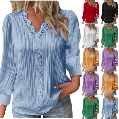 Langärmliges Spitzen-Shirt mit V-Ausschnitt für Damen