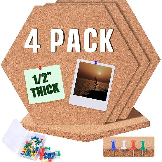 Hexagon Cork Board Tiles 11.81”X 10.24” – 1/2” Thick Self Adhesive Cork Board for Wall - 6 Pack Bulletin Board Pin Board Cork Tiles for 4 Pack