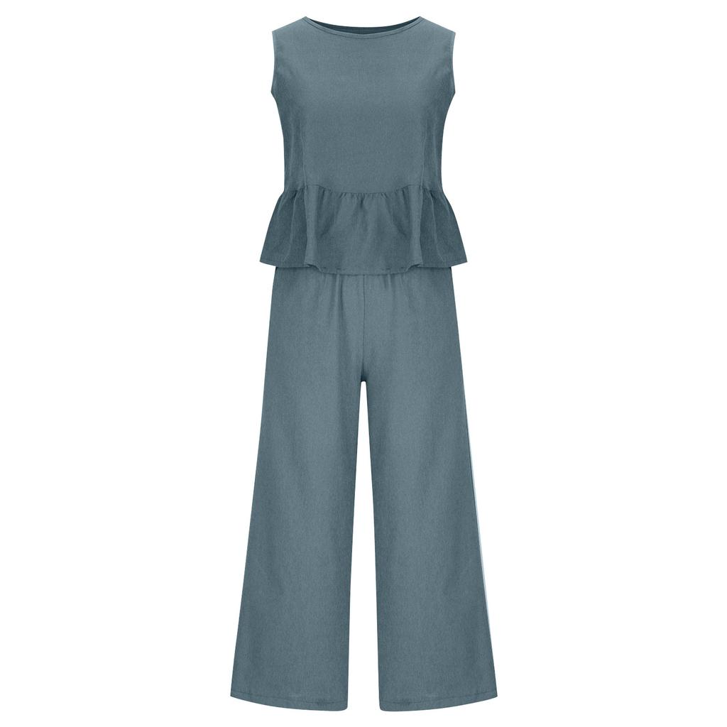 Women's Summer 2-Piece Set Sleeveless Ruffle Tank Top Cropped Top And Wide-Leg Pants Loun-ge Set With Pockets