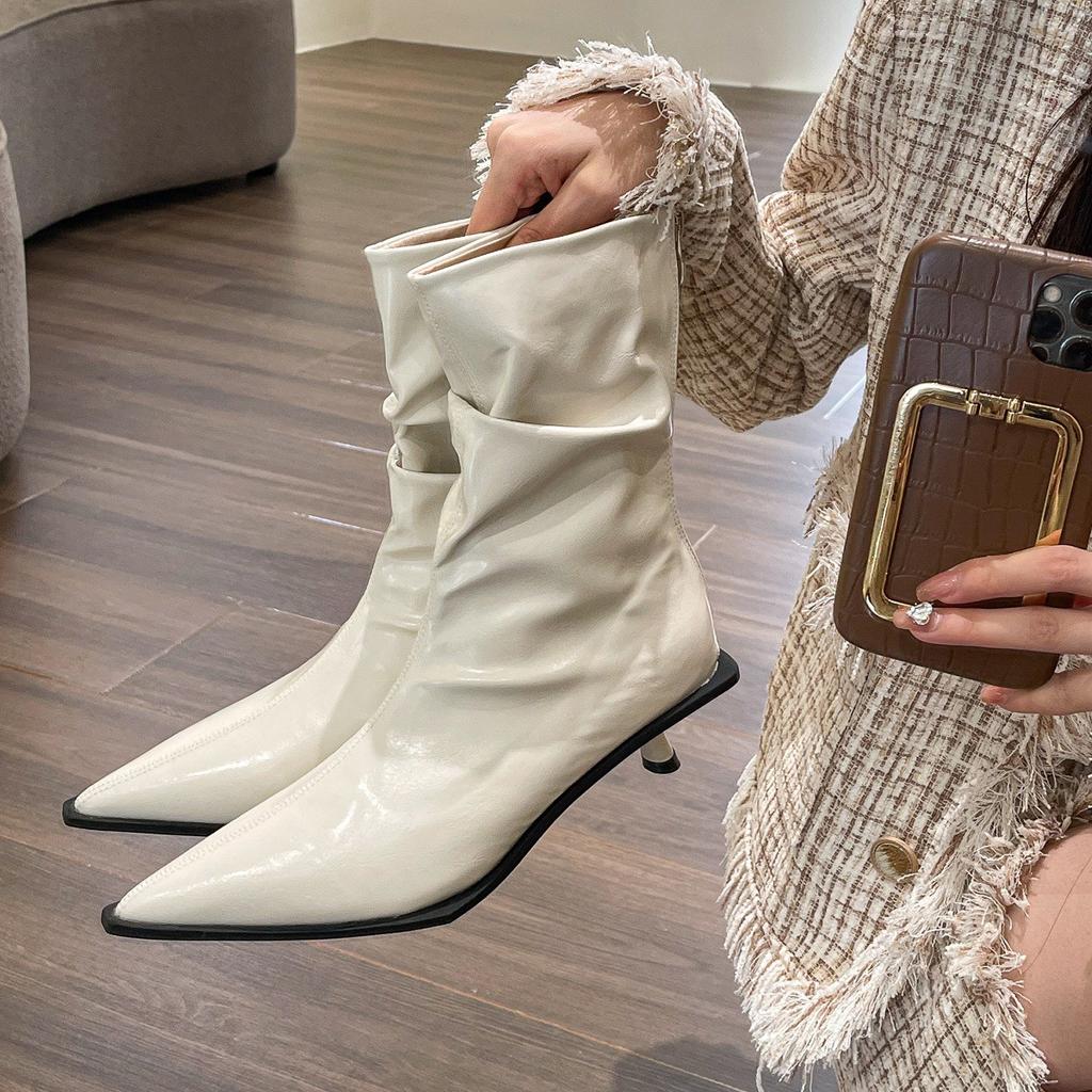 Stylish Retro Pointed High-heeled Short Boots for Women, Autumn Thin-heeled Kittens and Soft Leather Pile Boots for Women