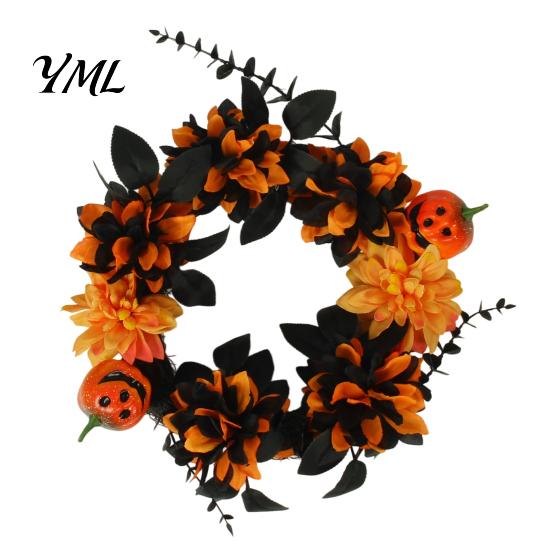 Durable Reusable Holiday Ornament Halloween Wreath for Front Door, Artificial Fall Maple Leaf Rose Pumpkin Rustic Farmhouse Seasonal Accents