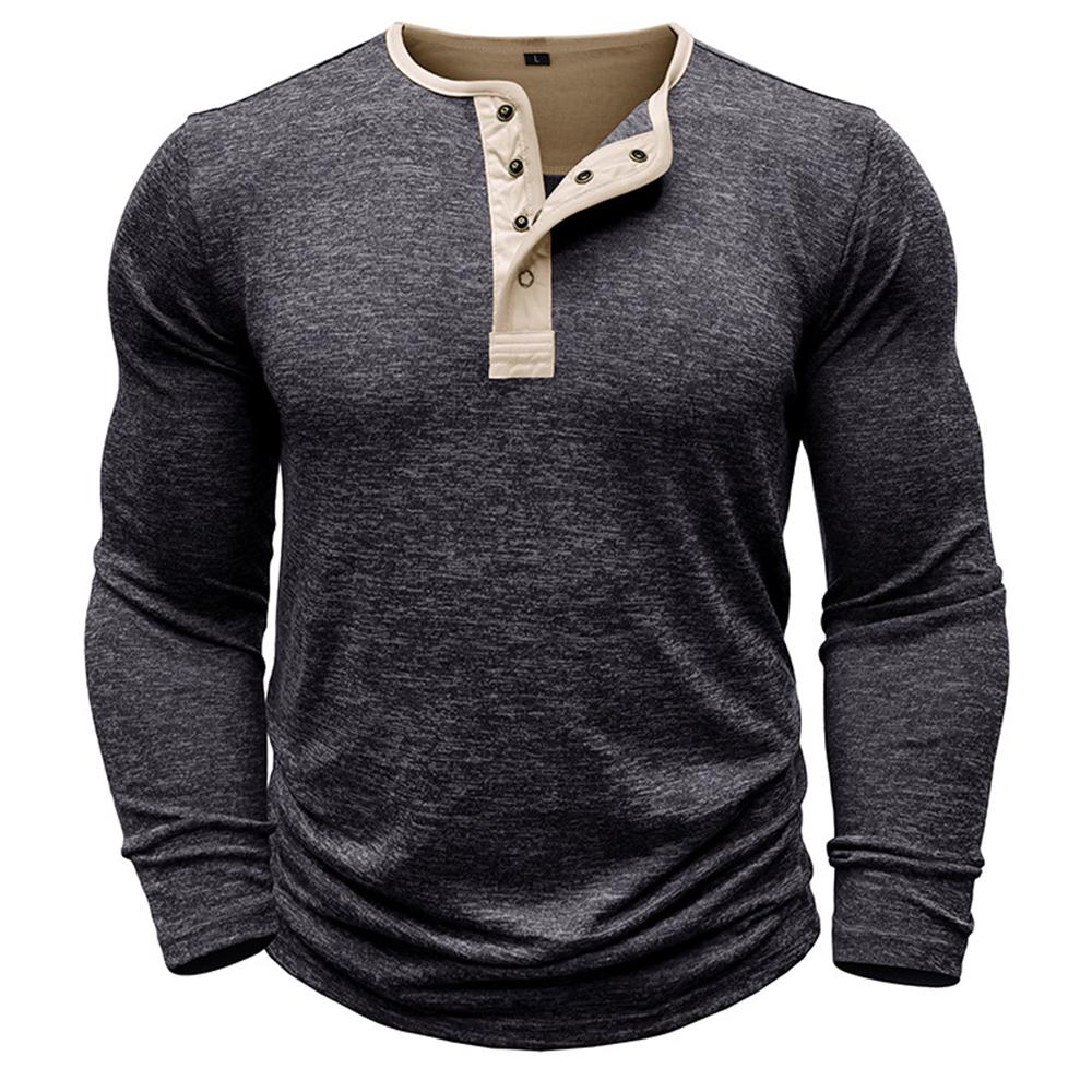 Herren-T-Shirt, einfarbig, langärmelig, Henley-T-Shirt, lässiger Pullover, lockere Oberteile, solide Bluse