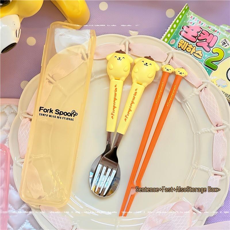 Sanrio Kids  Stainless Steel 3-in-1 Cutlery Set: Spoon, Fork & Chopsticks with Portable Case for Students