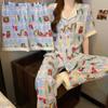 Animal Paradise Plaid Contrast Cloud Cotton Pajamas Women'S Summer Short Sleeve Casual Sweet Three-Piece Loungewear