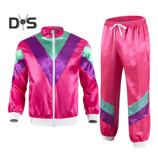 

Женский спортивный костюм 80-х годов, ретро-хип-хоп, диско-наряд, куртка с цветными блоками, эластичный пояс, брюки, комплект, повседневная спортивная одежда S