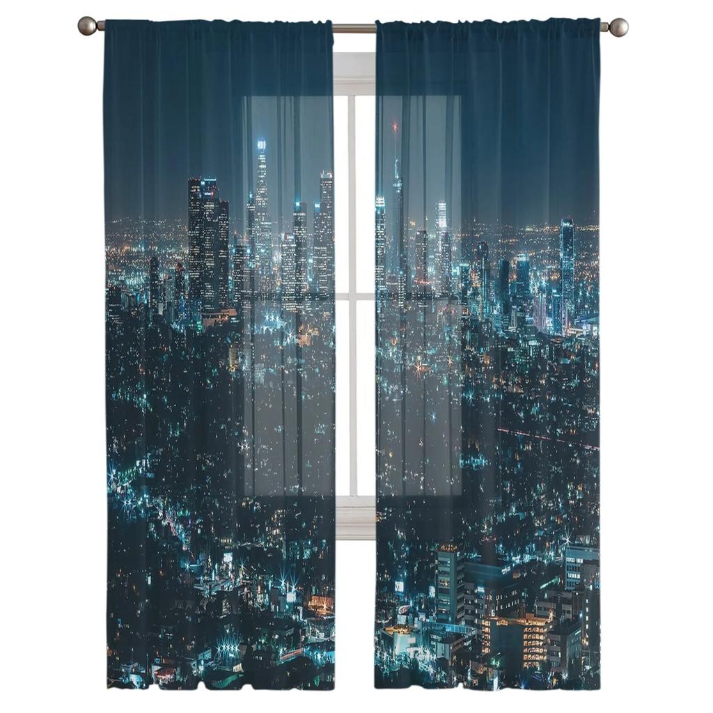 City Night House Tulle Curtains Balcony Room Fashion Printed Sheer Curtain Living Room Window Modern Decor