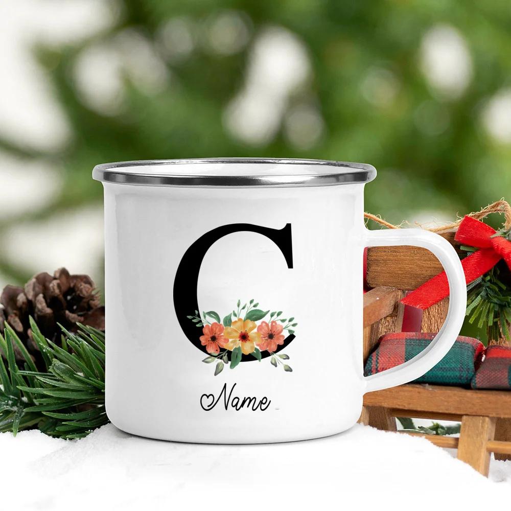 Personalisierte Namens Emailletasse Benutzerdefinierte Blume Buchstabe Alphabet Tasse Camping Henkel Kaffee Tee Milch Tassen Festliche Geburtstagsgeschenke