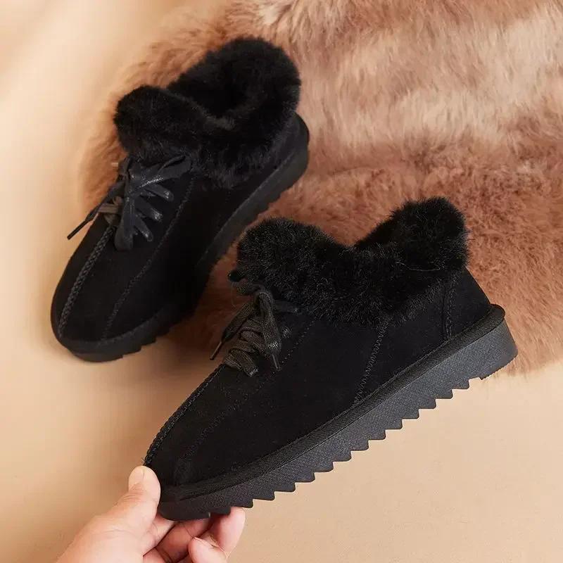 Fashion Women's Snow Boots Round Toe Suede Ankle Booties Brown Shoes for Woman Ribbons Bow Elegant with Low Heels Pu Plus Warm New Rock