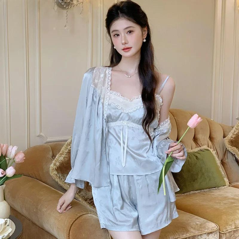 

Пижамный комплект, новая верхняя одежда на подтяжках, Ice Silk, сексуальная, из трех предметов, верхняя одежда с длинными рукавами, домашняя одежда для женщин XL синий