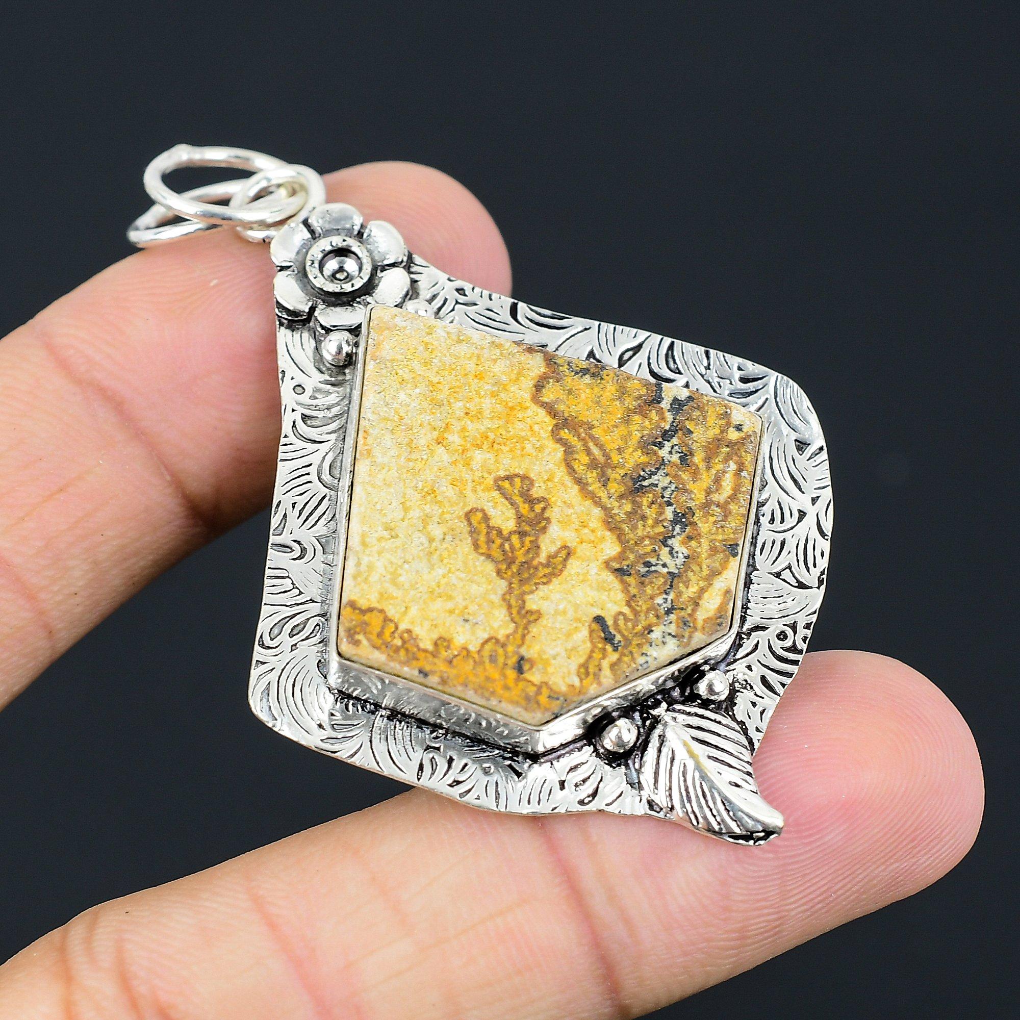 Natural Psilomelane Dendrite Gemstone Pendant Flower 925 Sterling Silver Jewelry