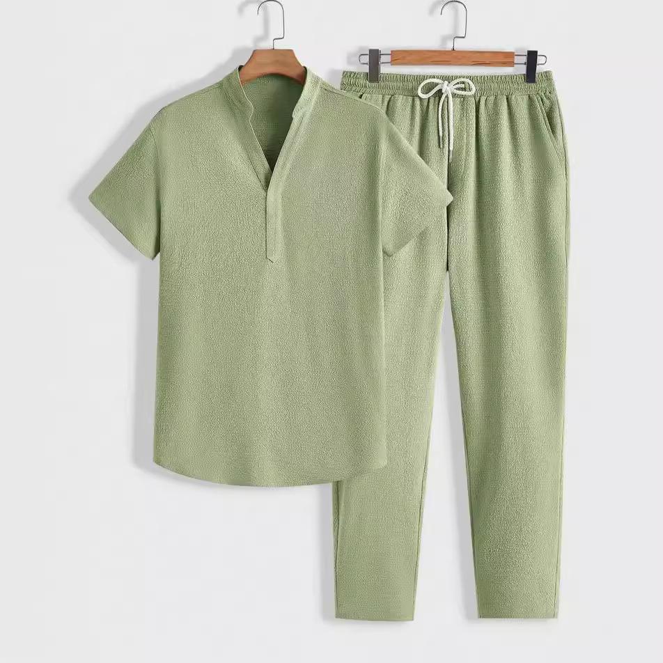 2026 Summer Men's Casual Sports Suit - Short Sleeve & Long Pants, Solid Color