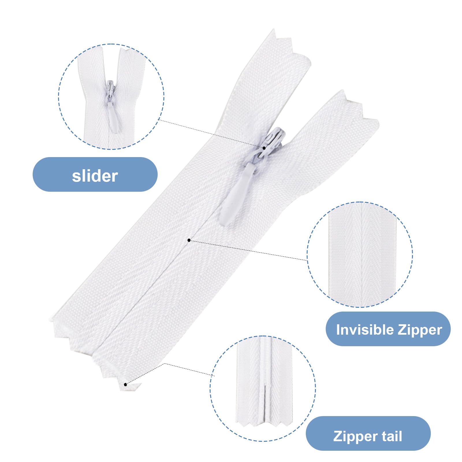 

5pk 40cm White Invisible Zips - #3 Nylon Concealed Zippers for Skirts, Pillows & DIY белый