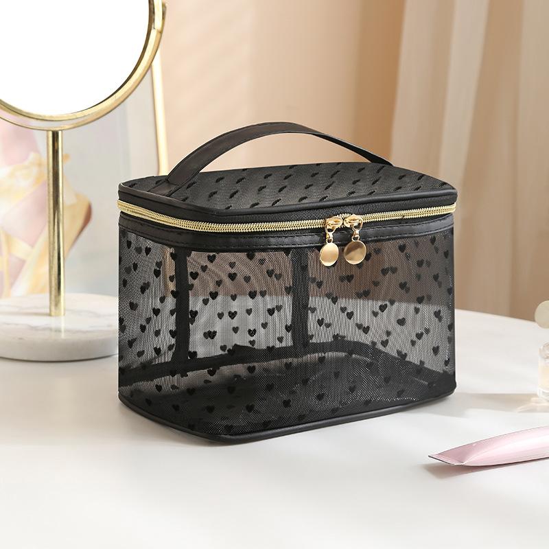 New flocking love open lid mesh cosmetic bag portable cosmetic storage bag simple mesh cosmetic bag Gao Yan