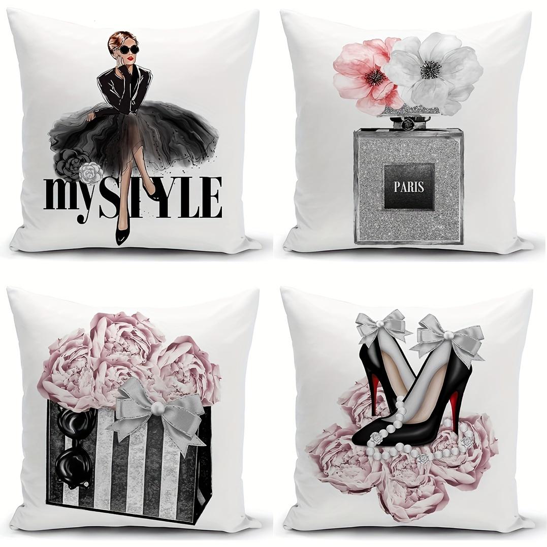 4Pcs Fashion Girls Perfume Flowers Cute Decorative Throw Pillow Covers Sofa Bed Bedroom Decorative Pillow Covers, Polyester Peach skin 18*18(CM)-4Pcs