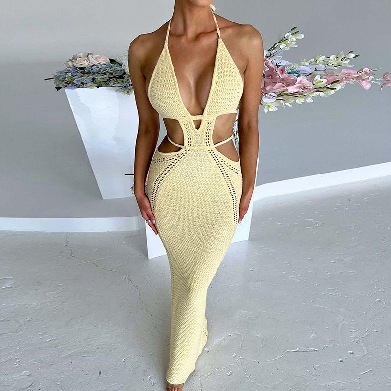 

Chest Wrap Cut-out Lace up Dress Pure Desire Halterneck Chest Wrap Hollow out Tied Dress Light yellow L