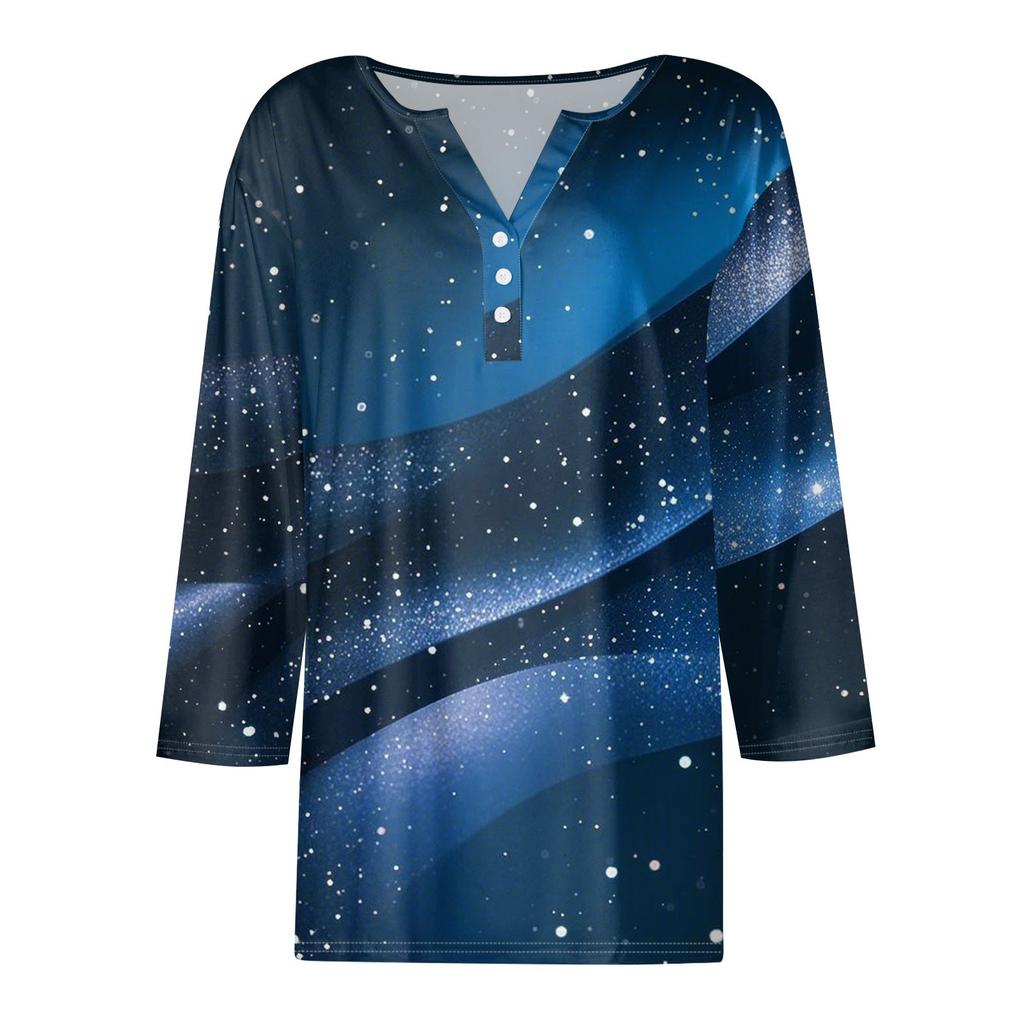 Women's Fashion Button V-Neck Seven Sleeve Geometric Gradient Casual Top